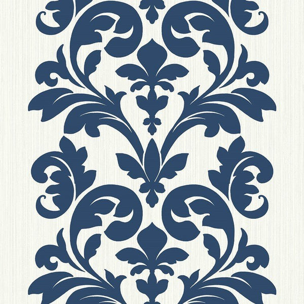 Closeup of a wallpaper showing its Blue, Damask, Two-tone pattern, color, and subtle texture.