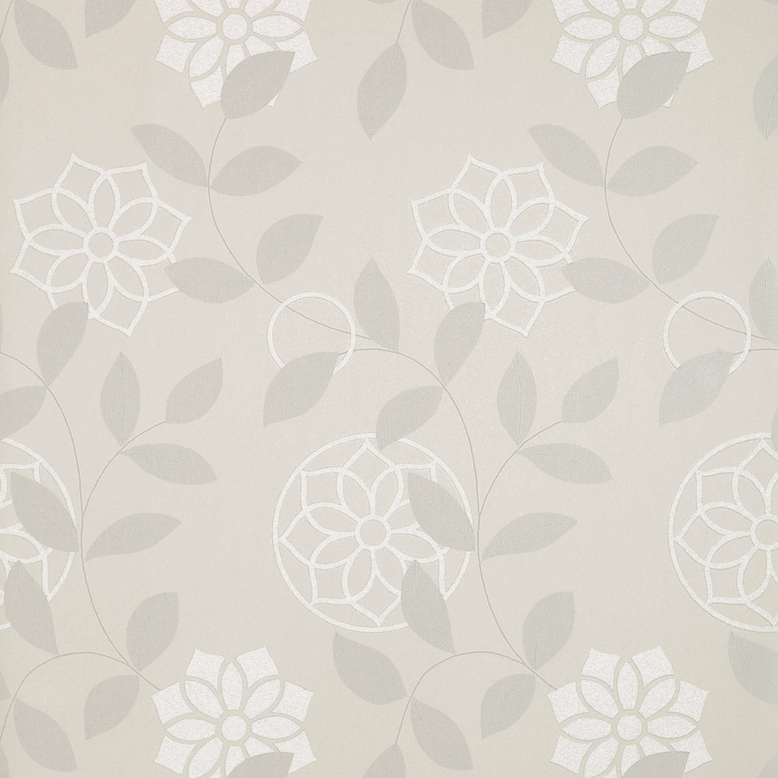 Anna French Barafundle Grey wallpaper with stylized floral medallions and trailing leaves on a soft greige background.