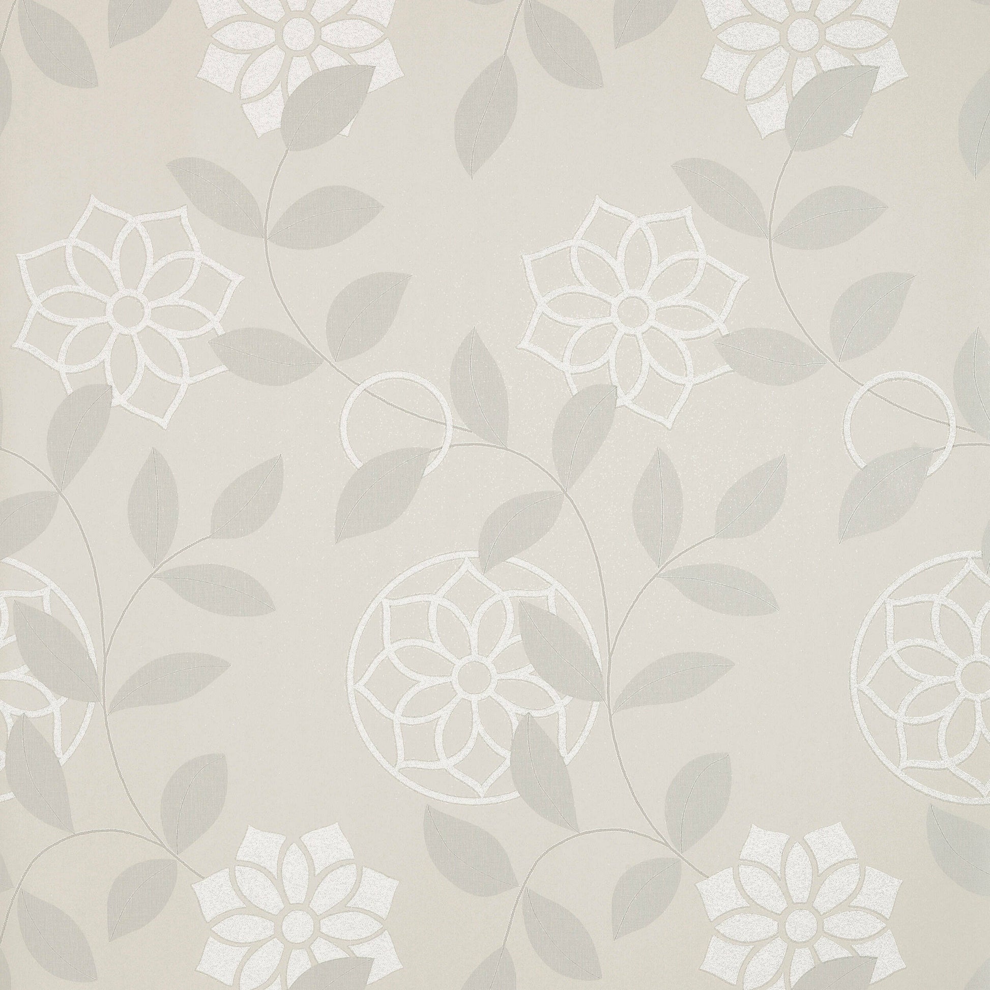 Anna French Barafundle Grey wallpaper with stylized floral medallions and trailing leaves on a soft greige background.