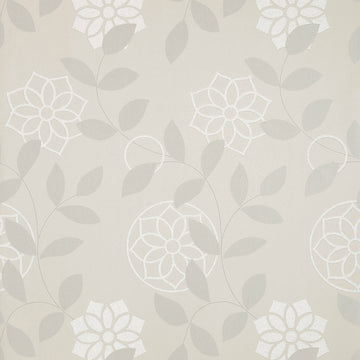 Anna French Barafundle Grey wallpaper with stylized floral medallions and trailing leaves on a soft greige background.