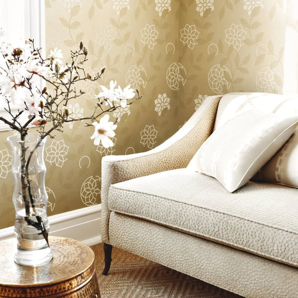 Anna French Barafundle AT1405 Metallic Champagne wallpaper styled in a living room setting