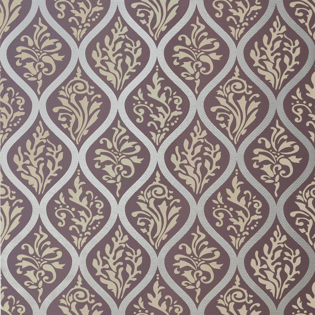 Anna French Francis wallpaper in metallic gold on plum with trellis damask pattern.