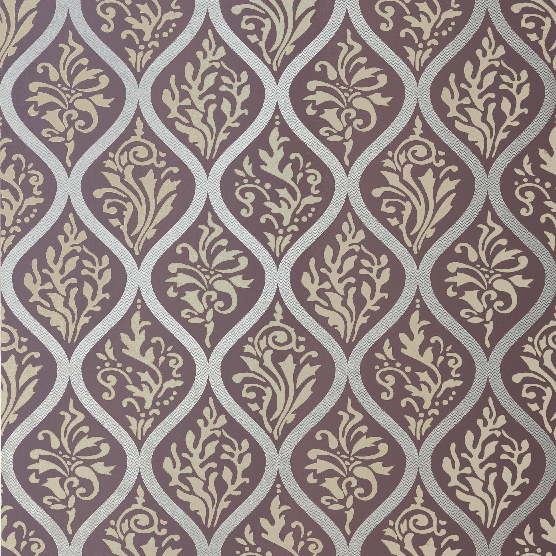 Anna French Francis wallpaper in metallic gold on plum with trellis damask pattern.