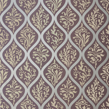 Anna French Francis wallpaper in metallic gold on plum with trellis damask pattern.