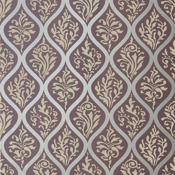 Anna French Francis wallpaper in metallic gold on plum with trellis damask pattern.