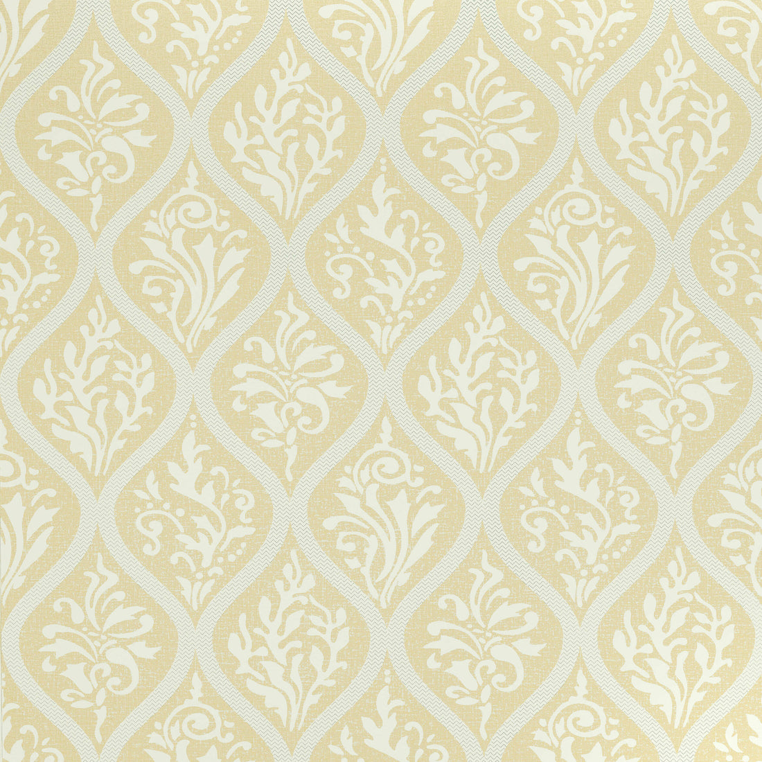 Anna French Francis AT1457 wallpaper in metallic gold on citrus with an ogee trellis and damask sprigs.