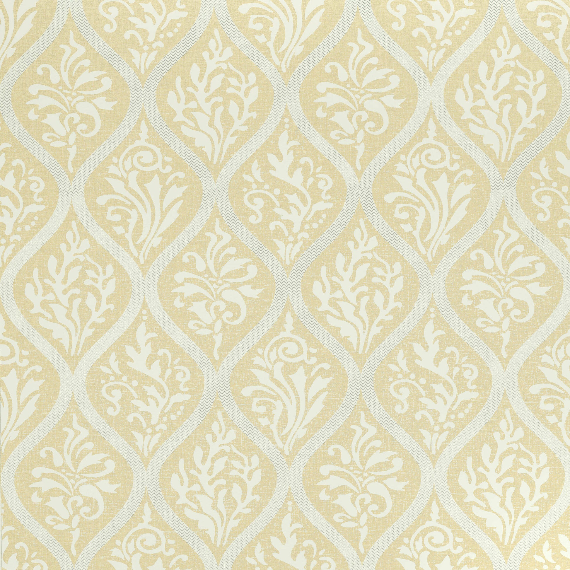 Anna French Francis AT1457 wallpaper in metallic gold on citrus with an ogee trellis and damask sprigs.