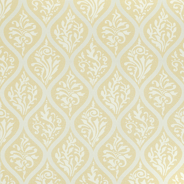 Anna French Francis AT1457 wallpaper in metallic gold on citrus with an ogee trellis and damask sprigs.