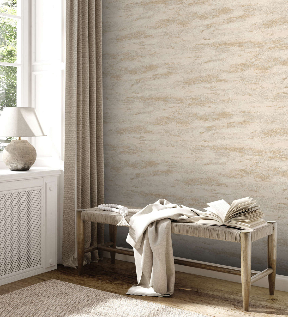 AS Creation Attractive 2 390414 living room with Cream, Gold, Metallic, White, Yellow wallpaper, shown beside a window with curtains and a wooden bench.