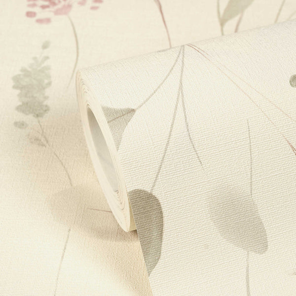 AS Creation Cosiness 792401 close up of a wallpaper roll on matching sheet, showing delicate botanical stems and leaves in Green, Grey, Pink on a light background.