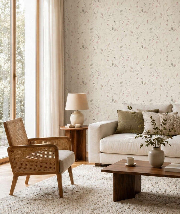 AS Creation Cosiness 792401 living room with botanical wallpaper behind a sofa and a wooden armchair.