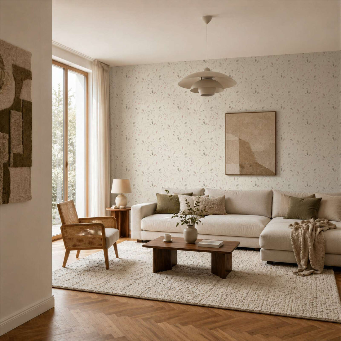 AS Creation Cosiness 792401 living room with a green and pink wallpaper featuring delicate spring florals behind a sofa and coffee table.
