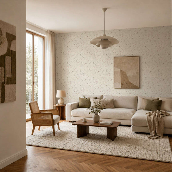 AS Creation Cosiness 792401 living room with a green and pink wallpaper featuring delicate spring florals behind a sofa and coffee table.