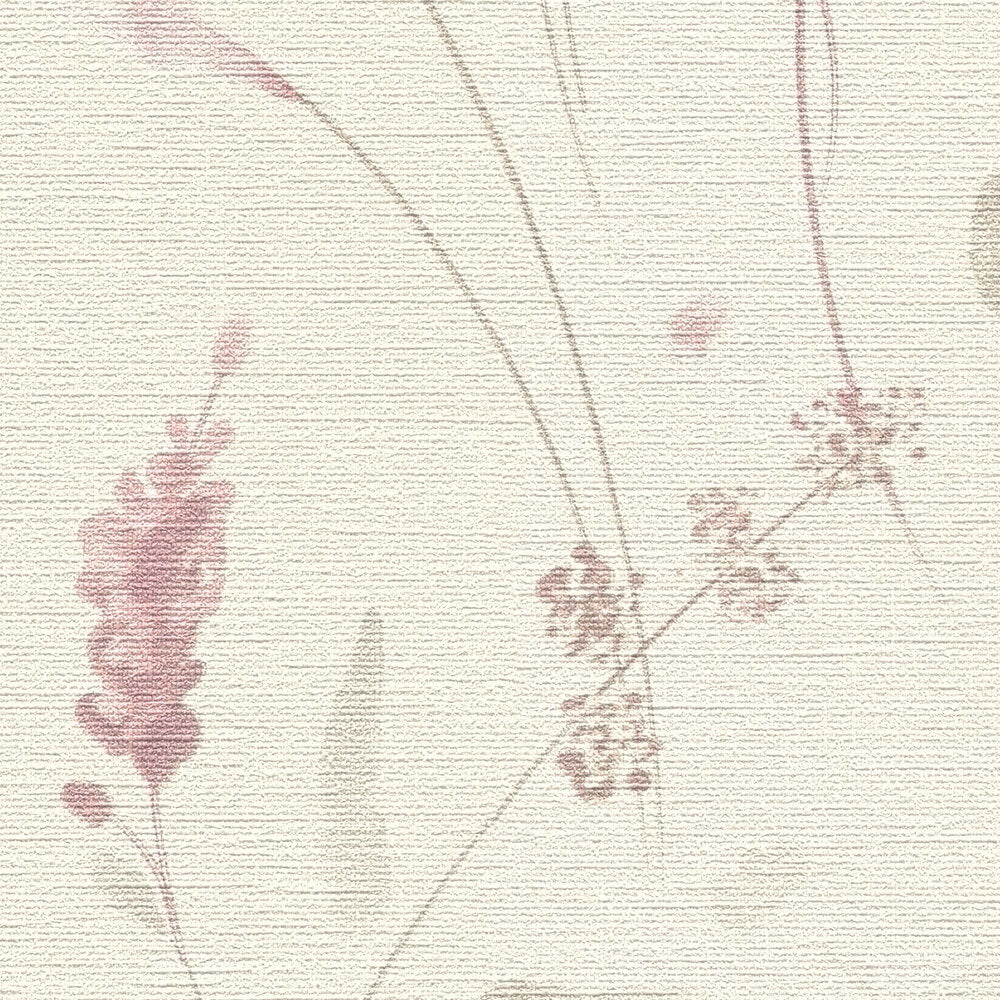 AS Creation Cosiness 792401 close up of wallpaper with delicate painterly floral stems and blossoms in Green, Grey, Pink on a light background with a fine horizontal texture.