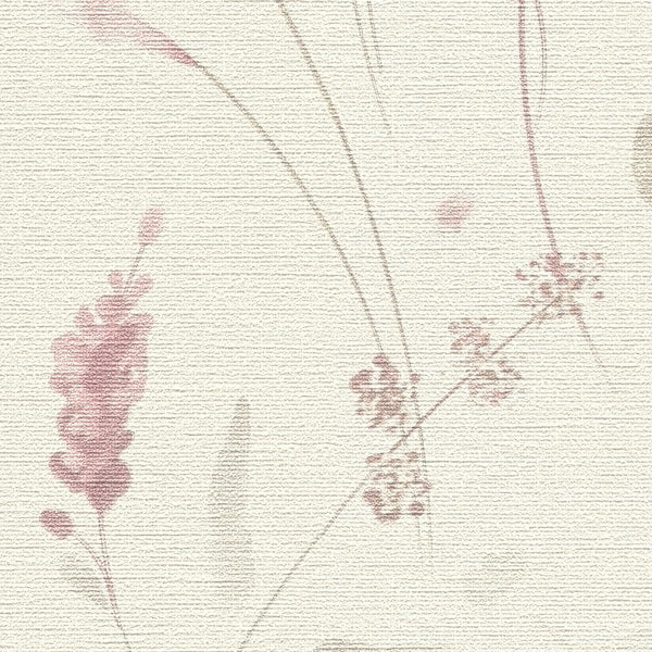 AS Creation Cosiness 792401 close up of wallpaper with delicate painterly floral stems and blossoms in Green, Grey, Pink on a light background with a fine horizontal texture.