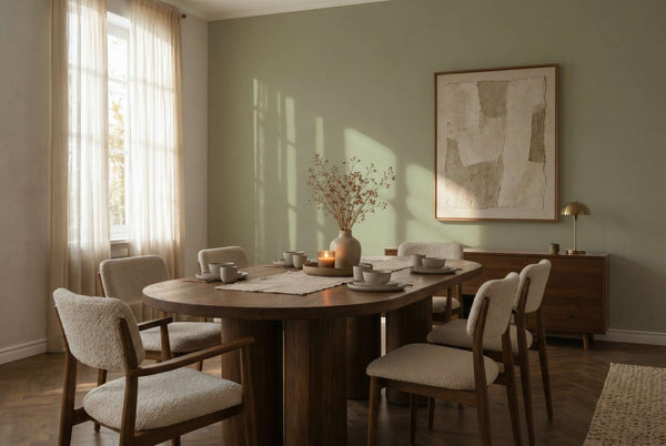 AS Creation Cosiness 792431 plain light green wallpaper with a smooth, matte look wallpaper on a dining room feature wall.