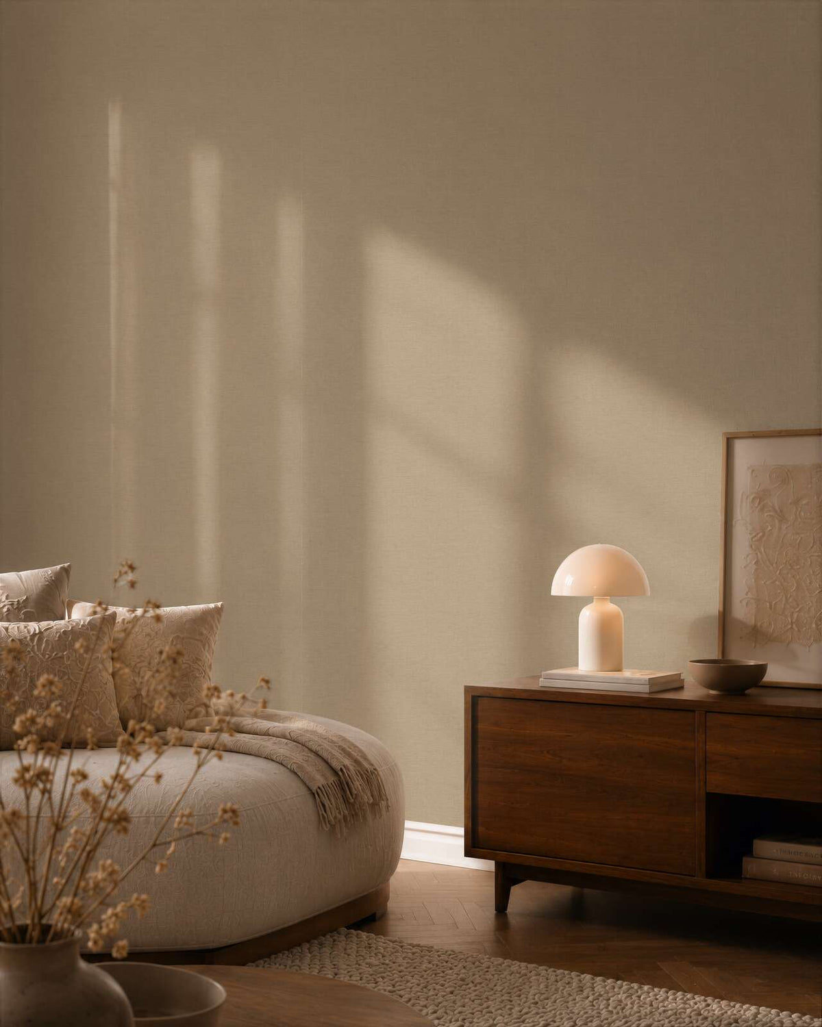 AS Creation Cosiness 792434 bedroom with Brown, Grey wallpaper behind a low upholstered bed and a wooden sideboard.