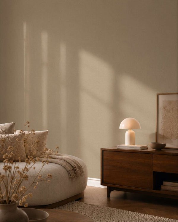 AS Creation Cosiness 792434 bedroom with Brown, Grey wallpaper behind a low upholstered bed and a wooden sideboard.