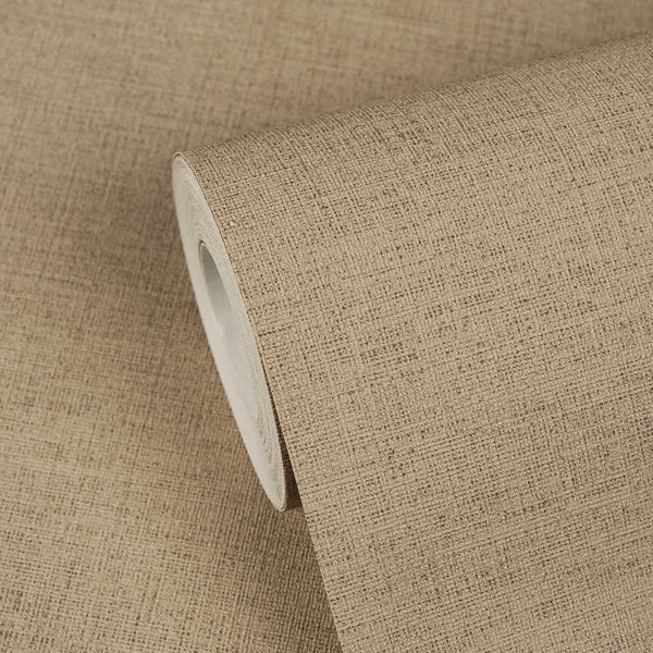 AS Creation Cosiness 792434 brown, Grey wallpaper roll with a fine crosshatch, fabric like pattern, shown partially unrolled.