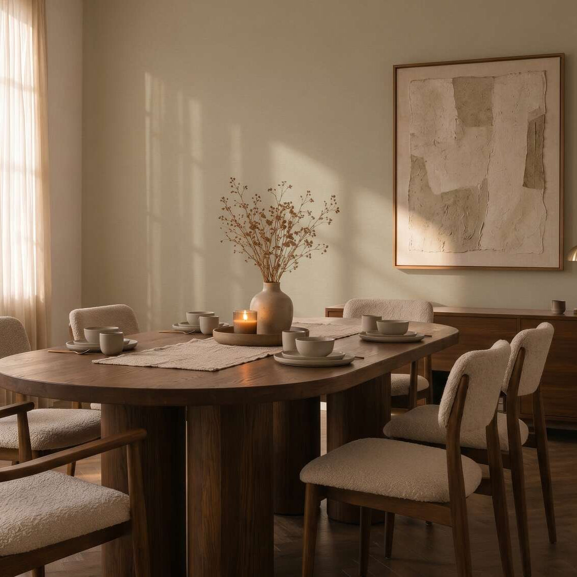 AS Creation Cosiness 792434 dining room with Brown, Grey wallpaper behind a wood dining table and upholstered chairs.