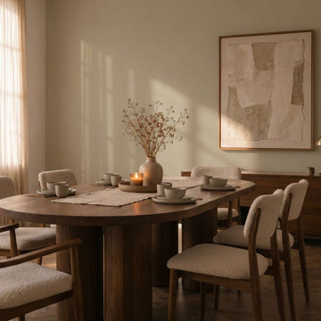 AS Creation Cosiness 792434 dining room with Brown, Grey wallpaper behind a wood dining table and upholstered chairs.