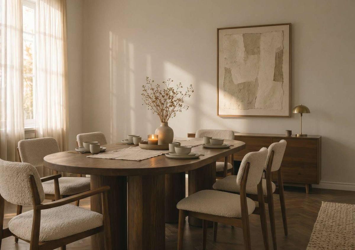 AS Creation Cosiness 792435 dining room with Beige, Brown wallpaper behind a wooden dining table and upholstered chairs.