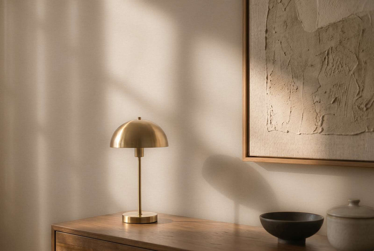AS Creation Cosiness 792435 a living room featuring Beige, Brown wallpaper behind a table lamp and framed artwork.