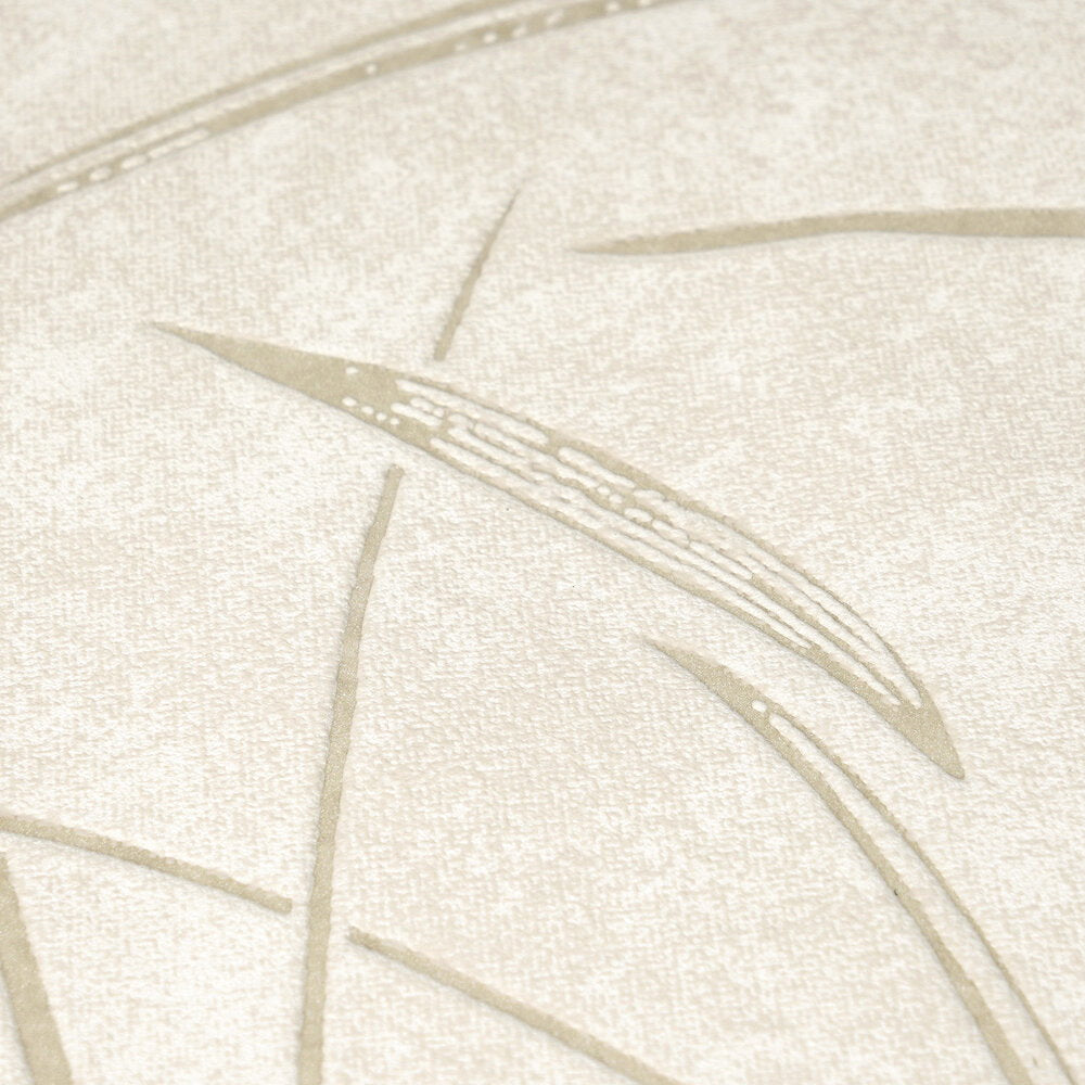 AS Creation Cosiness 792821 close up of the wallpaper showing abstract curved lines with small dotted segments in Cream, Metallic, and White.