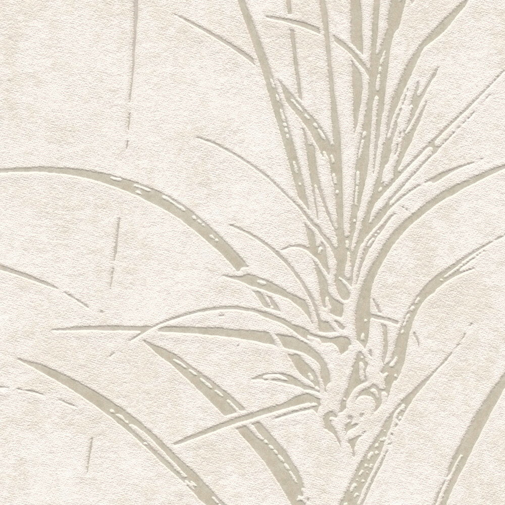 AS Creation Cosiness 792821 close up of wallpaper showing an embossed botanical reed pattern in Cream, Metallic, and White.