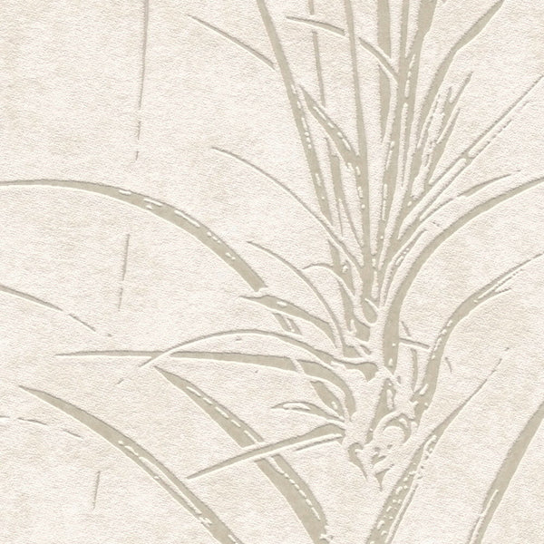 AS Creation Cosiness 792821 close up of wallpaper showing an embossed botanical reed pattern in Cream, Metallic, and White.