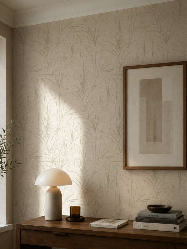 AS Creation Cosiness 792821 living room with cream and white wallpaper featuring a subtle botanical pattern, shown with a table lamp and framed artwork.