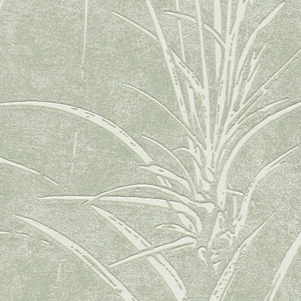 AS Creation Cosiness 792822 close up of wallpaper in Green, Metallic showing a botanical leaf motif with raised outlines.