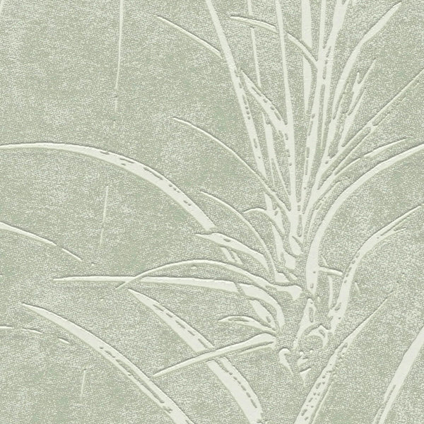 AS Creation Cosiness 792822 close up of wallpaper in Green, Metallic showing a botanical leaf motif with raised outlines.