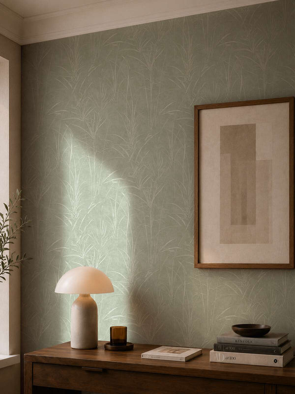 AS Creation Cosiness 792822 green, Metallic botanical wallpaper behind a console with a dome table lamp and framed artwork.