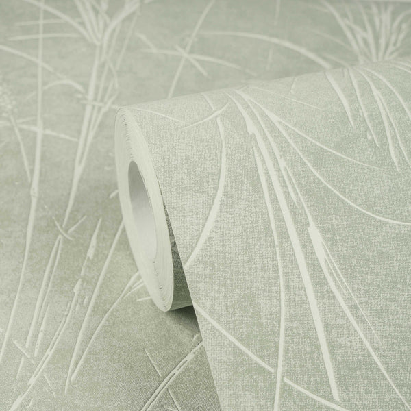 AS Creation Cosiness 792822 green, Metallic wallpaper roll with a linear botanical motif shown close up on a matching unrolled sheet.