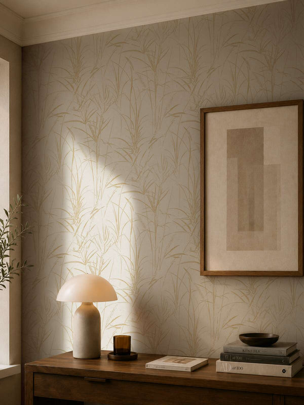 AS Creation Cosiness 792823 botanical reed pattern wallpaper in Brown, Cream, and Metallic shown behind a wood console with a dome table lamp and framed artwork.