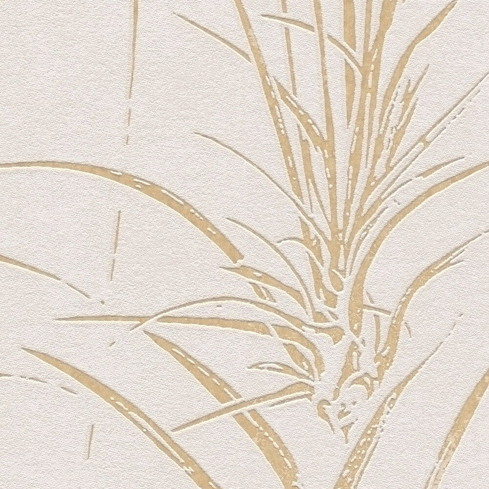 AS Creation Cosiness 792823 close up of wallpaper showing a textured botanical design with slender leaves in Brown, Cream, and Metallic.