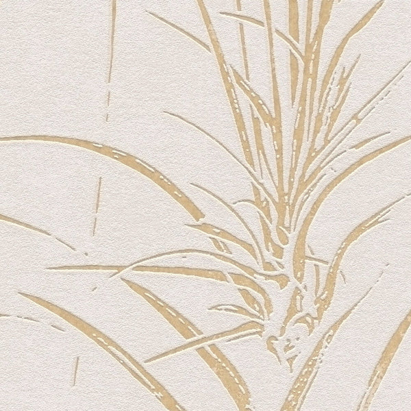 AS Creation Cosiness 792823 close up of wallpaper showing a textured botanical design with slender leaves in Brown, Cream, and Metallic.