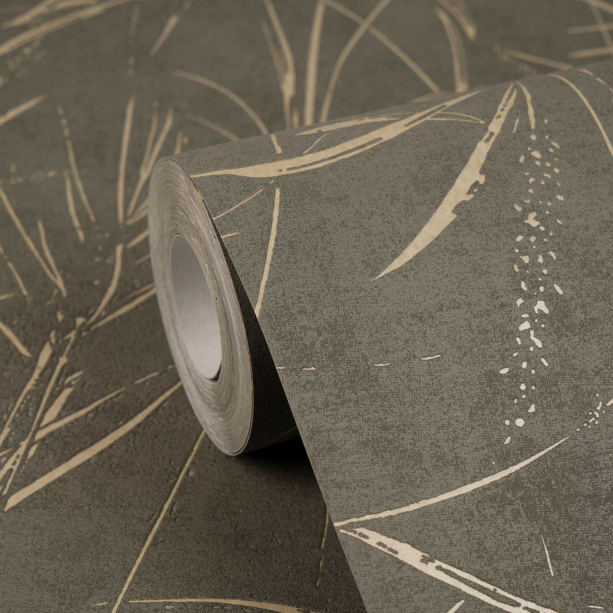 AS Creation Cosiness 792825 wallpaper roll with an abstract linear pattern in Brown, Grey, Metallic, shown on matching unrolled.