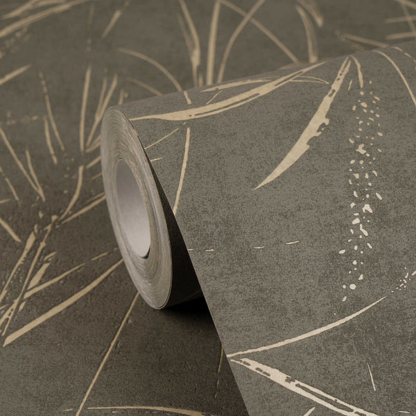 AS Creation Cosiness 792825 wallpaper roll with an abstract linear pattern in Brown, Grey, Metallic, shown on matching unrolled.