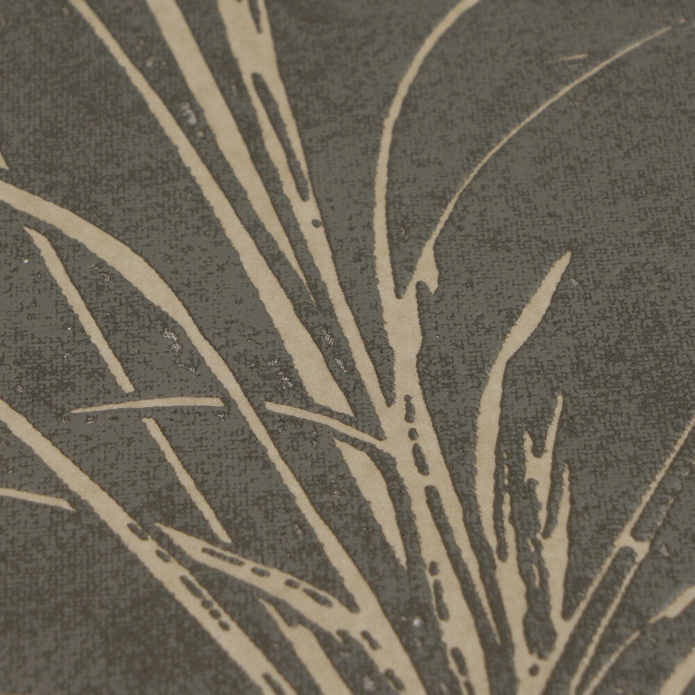 AS Creation Cosiness 792825 close up of wallpaper showing brown, grass like lines on a grey background with metallic accents.