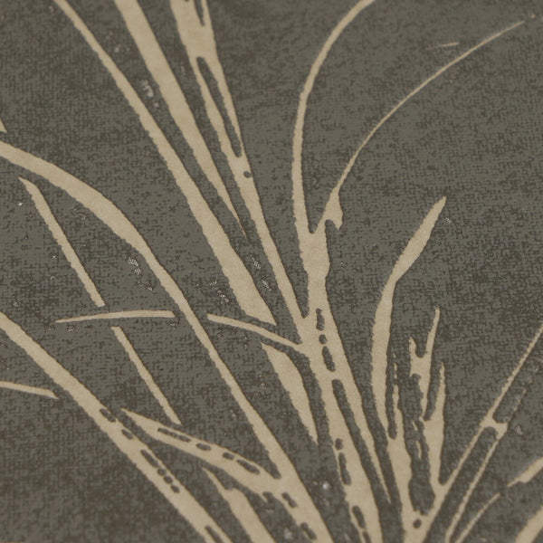 AS Creation Cosiness 792825 close up of wallpaper showing brown, grass like lines on a grey background with metallic accents.