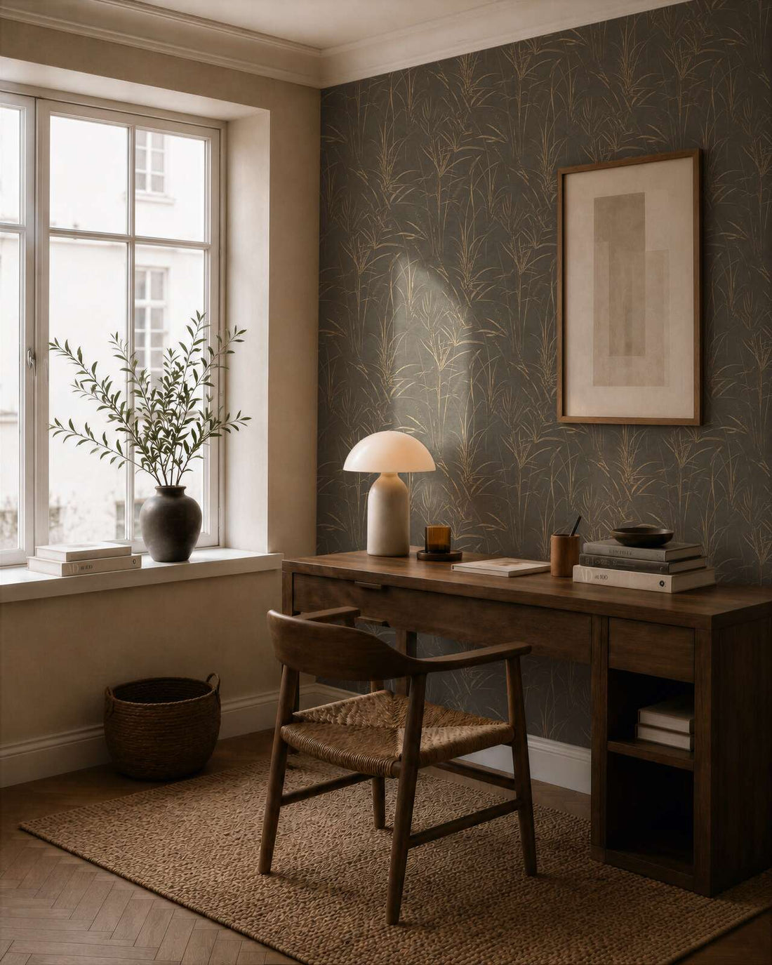 AS Creation Cosiness 792825 office with Brown, Grey, Metallic botanical wallpaper behind a wooden desk and chair.
