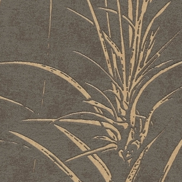 AS Creation Cosiness 792825 close up of wallpaper featuring a botanical reed leaf design in brown and grey with metallic accents.