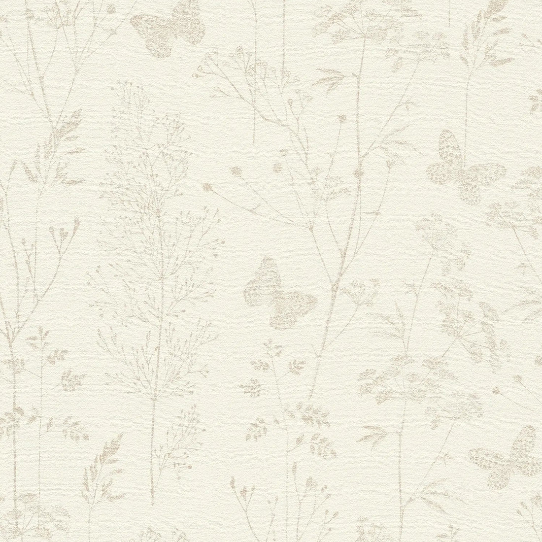 AS Creation Cosiness 792831 beige and brown botanical wallpaper with delicate meadow sprigs and butterflies, matte and slightly structured.