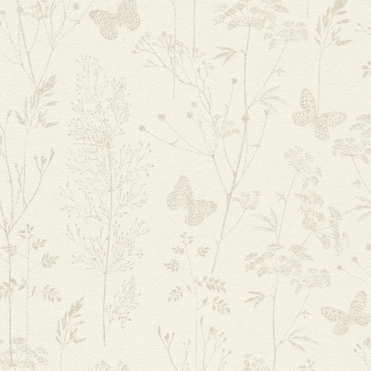 AS Creation Cosiness 792831 beige and brown botanical wallpaper with delicate meadow sprigs and butterflies, matte and slightly structured.