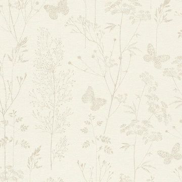 AS Creation Cosiness 792831 beige and brown botanical wallpaper with delicate meadow sprigs and butterflies, matte and slightly structured.