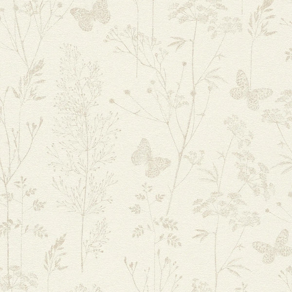 AS Creation Cosiness 792831 beige and brown botanical wallpaper with delicate meadow sprigs and butterflies, matte and slightly structured.