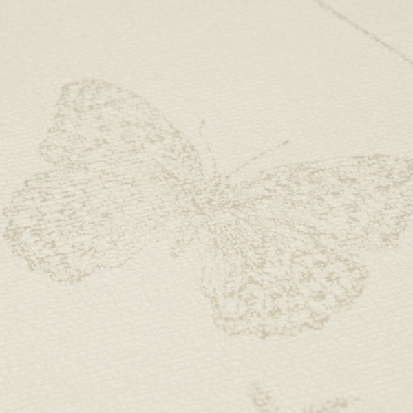 AS Creation Cosiness 792831 close up of beige and brown wallpaper featuring a softly sketched butterfly motif with subtle texture.