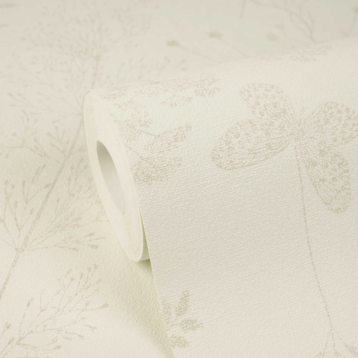 AS Creation Cosiness 792831 beige wallpaper roll with brown botanical motifs, shown close up on a matching unrolled sheet.
